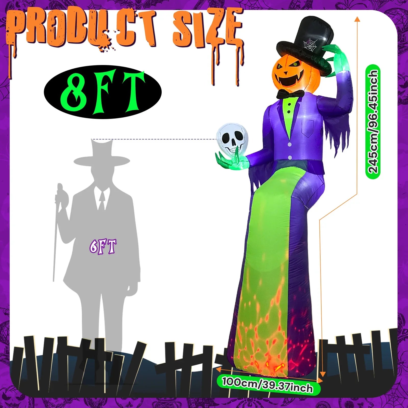 8FT Giant Light-Up Pumpkin Man Halloween Inflatable